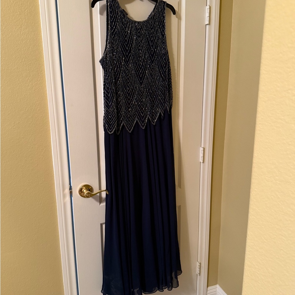 J Kara Midnight Blue and Silver Embellished Maxi Dress